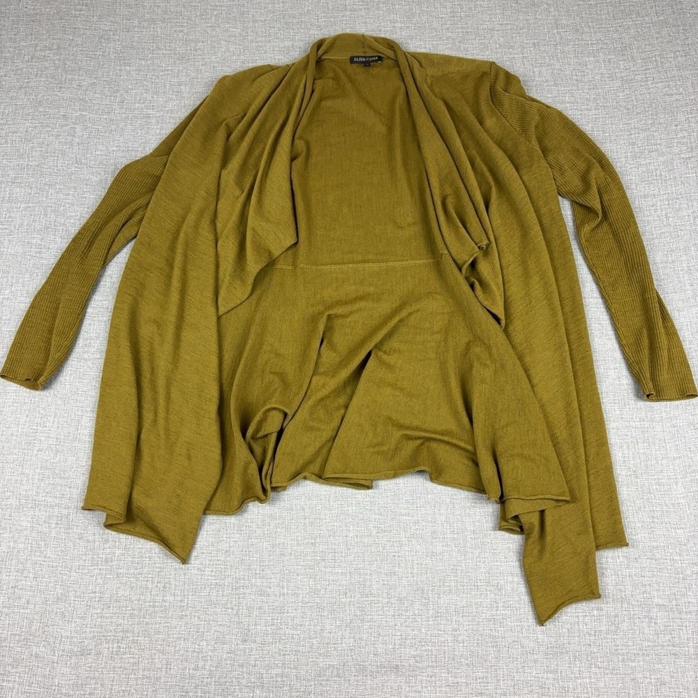 Eileen Fisher Cardigan Sweater Womens L Yellow 100% Merino Wool Open Front Knit
